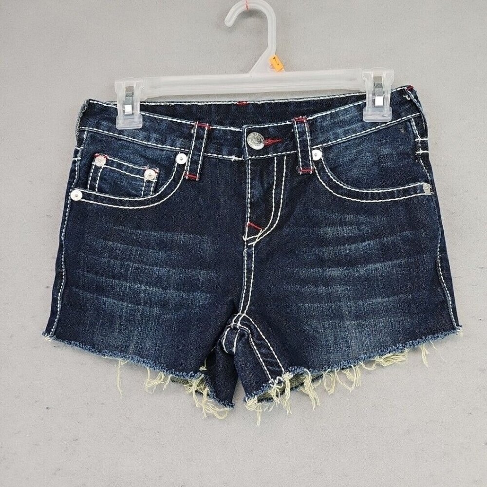 True Religion Low Rise Flap Pocket Shorts Womens 0 Dark Blue Cut Off 100% Cotton